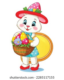 Cute white rabbits in various poses with white background. colorful Easter eggs vector illustration for kids and adults. Happy Spring holiday