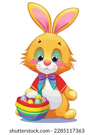 Frische weiße Kaninchen in verschiedenen Posen mit weißem Hintergrund. bunte Ostereier, Vektorgrafik für Kinder und Erwachsene. Frohe Frühlingsferien