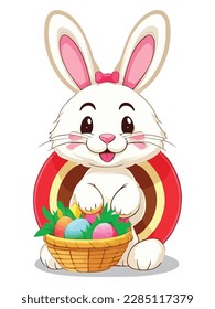 Cute white rabbits in various poses with white background. colorful Easter eggs vector illustration for kids and adults. Happy Spring holiday