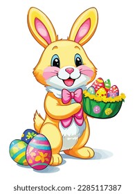 Cute white rabbits in various poses with white background. colorful Easter eggs vector illustration for kids and adults. Happy Spring holiday