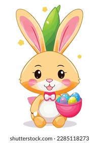 Frische weiße Kaninchen in verschiedenen Posen mit weißem Hintergrund. bunte Ostereier, Vektorgrafik für Kinder und Erwachsene. Frohe Frühlingsferien