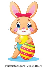 Cute white rabbits in various poses with white background. colorful Easter eggs vector illustration for kids and adults. Happy Spring holiday