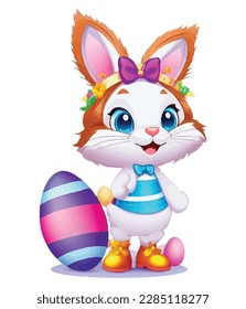 Conejos blancos en varias poses con fondo blanco. colorida ilustración vectorial de huevos de Pascua para niños y adultos. Feliz primavera