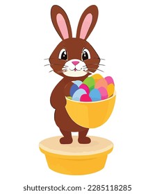 Cute white rabbits in various poses with white background. colorful Easter eggs vector illustration for kids and adults. Happy Spring holiday