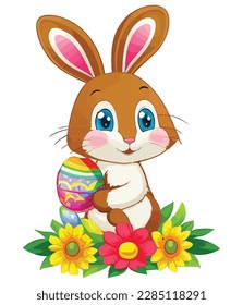 Cute white rabbits in various poses with white background. colorful Easter eggs vector illustration for kids and adults. Happy Spring holiday