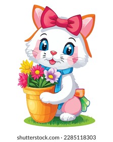 Cute white rabbits in various poses with white background. colorful Easter eggs vector illustration for kids and adults. Happy Spring holiday