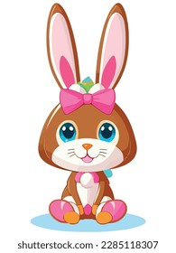 Cute white rabbits in various poses with white background. colorful Easter eggs vector illustration for kids and adults. Happy Spring holiday