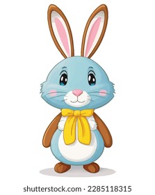 Cute white rabbits in various poses with white background. colorful Easter eggs vector illustration for kids and adults. Happy Spring holiday