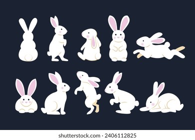 Cute white rabbits in various poses, bunny collection in cartoon style with various poses, animal mid autumn decoration, Bunny pet set, For Moon Festival, Chinese Lunar Year of the Rabbit decoration.