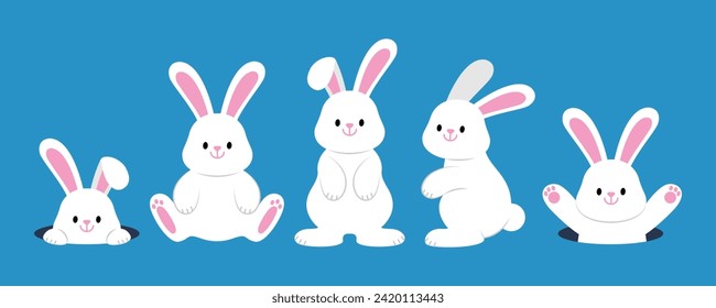 Cute white rabbits in various poses. bunny animal icon isolated on background. For Moon Festival, Chinese Lunar New Year, Easter day decoration. Cartoon vector illustration set.