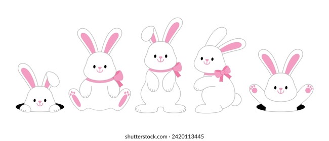 Cute white rabbits in various poses. bunny animal icon isolated on background. For Moon Festival, Chinese Lunar New Year, Easter day decoration. Cartoon vector illustration set.