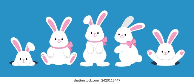 Conejos blancos en diferentes poses. icono de conejito animal aislado en el fondo. Para el Festival de la Luna, el Año Nuevo Lunar Chino, la decoración del Día de Pascua. Conjunto de ilustraciones vectoriales de dibujos animados.