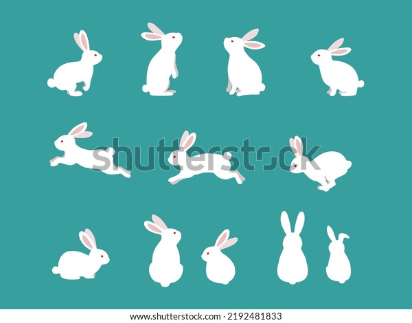 Cute white rabbits in various poses. Rabbit\
animal icon isolated on background. For Moon Festival, Chinese\
Lunar Year of the Rabbit, Easter\
decor.