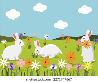 Cute White Rabbits Vector Illustration. Bunch of bunnies on a ground surrounded by flowers and grass