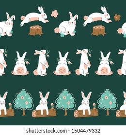 Cute White Rabbits Vector Seamless Horizontal Borders Set