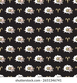 Cute White Ram and Aries Zodiac Symbol on the dark. Seamless pattern features cute white ram cartoons, perfect for astrology-themed projects, including apparel, stationery, and decorative items.