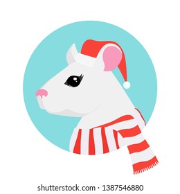 Cute white rat with big eyes in christmas hat and scarf. New year 2020. Year of rat. Concept vector flat illustration for greeting card, poster, banner, print.