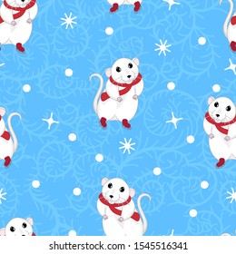 cute white rat or mouse in red scarf and ice skates on winter frost blue background seamless pattern, editable vector illustration for christmas and new year decorations, paper, fabric, textile