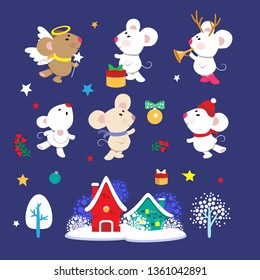 Cute white rat and mouse vector illustration. Symbol 2020 characters white rat santa, angel, vector illustration drawn in cartoon style, Christmas winter background, house, postcard design.