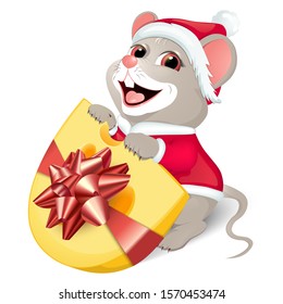  Cute white rat in a red Santa costume. Merry Christmas. In his paws holds a piece of cheese with a red bow. The symbol of the New Year on the Chinese calendar. Isolated on a white background. Vector
