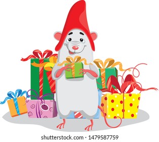 Cute white rats and colorful gift boxes. In cartoon style. Separate on a white background.
Cartoon character of a mouse in a red hat. Chinese zodiac sign of the year. Vector illustration