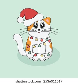 Cute white and red cat with Santa's hat. Cartoon kitten got tangled in Christmas lights vector illustration.