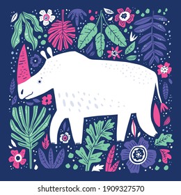 Cute white rhino hand drawn vector illustration. Friendly rhinoceros cartoon character. Adorable african animal with pink horn isolated on blue background. Childish t shirt print design