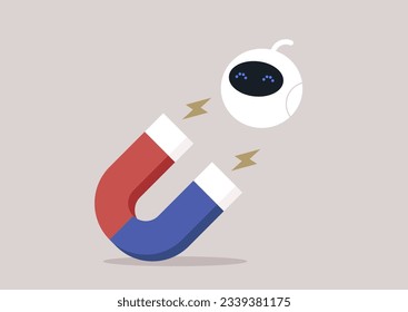 A cute white robot being pulled by a huge horseshoe magnet