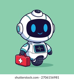 Carácter blanco lindo del robot con los ojos brillantes azules, un monitor del ECG en su pecho, y un equipo médico rojo, listos para ayudar.