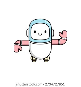 Cute white robot character with blue helmet and pink arms waving.eps
