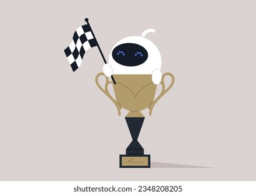 Cute white robot with a checkered black and white flag greeting a competition winner