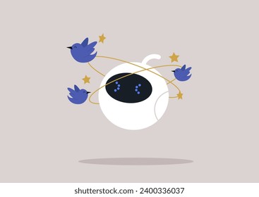 A cute white robot feeling dizzy with blue birds and yellow stars orbiting around their head