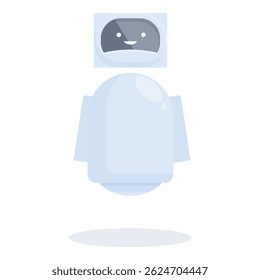 Lindo robot blanco flotando y sonriendo sobre fondo blanco