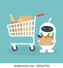 Cute white robot in a grocery store / flat editable vector illustration, clip art