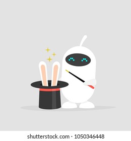 Cute white robot holding a hat with the rabbit ears inside. Magic wand. Flat editable vector illustration, clip art