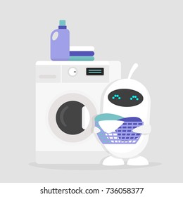 Cute white robot holding a laundry basket. Smart home. Laundromat. Detergent. Daily chores concept. Flat editable vector illustration, clip art