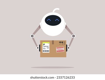 Cute white robot holding a parcel with stickers and labels