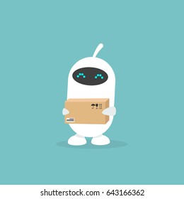 Cute white robot holding a parcel / flat editable vector illustration, clip art