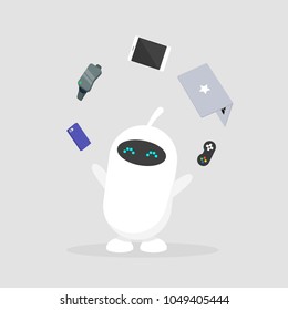 Cute white robot juggling the electronic devices: mobile phone, virtual reality glasses, tablet, laptop and game controller. Multitasking / editable flat vector illustration