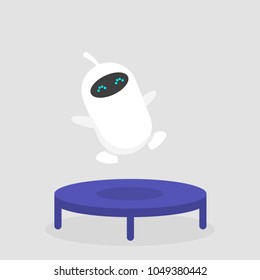 Cute white robot jumping on a trampoline. Active leisure. Flat editable vector illustration, clip art