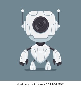 Cute white robot with lens vector flat cartoon character isolated on background.