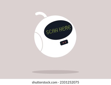 A cute white robot operating as a scanner, a code reader