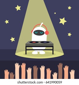 Cute white robot playing a DJ-set, flat editable vector illustration, clip art