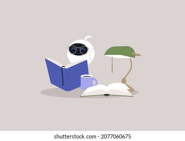 A cute white robot reading a book in the library, machine learning, artificial intelligence