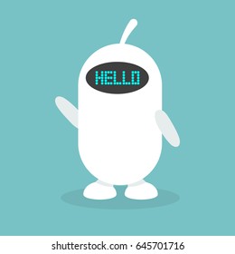 Cute white robot says "hello" / flat editable vector illustration, clip art