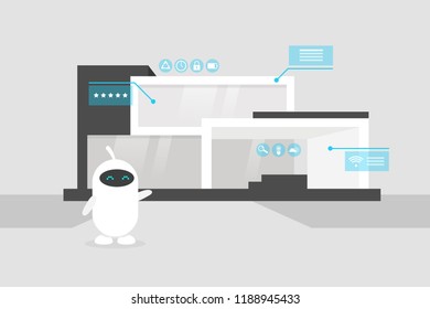 Cute white robot showing the interface of Smart home. New technologies. Lifestyle. Futuristic pop up windows. Data. Flat editable vector illustration, clip art