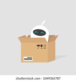 Robot blanco lindo sentado en la caja de cartón. Servicio de entrega. Concepto. Ilustración vectorial plana editable, imagen prediseñada