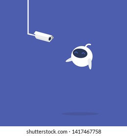 Cute white robot staring at CCTV camera. Internet of things. Modern technologies. Flat editable vector illustration, clip art
