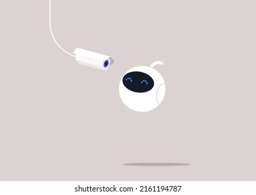 Un lindo robot blanco mirando a una cámara CCTV, Internet de las cosas, tecnologías modernas