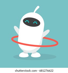 Cute white robot twirling a hoop / flat editable vector illustration, clip art